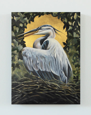 Nesting At The Golden Hour - oil on wood panel with 24 karat gold leaf
