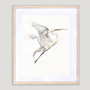 Yin (Soaring Egret with Nest Material 1) - Watercolor Original