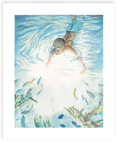 Child Swimming with Fish - Every Wall Is A Door - Fine Art Watercolor Print - Annie Moran