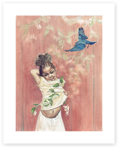 Young Girl With Flying Blue Bird - Keep A Green Tree In Your Heart - Proverb - Annie Moran