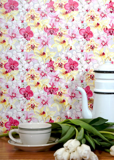 Orchid Romance Small Scale Wallpaper - Grey/Pink