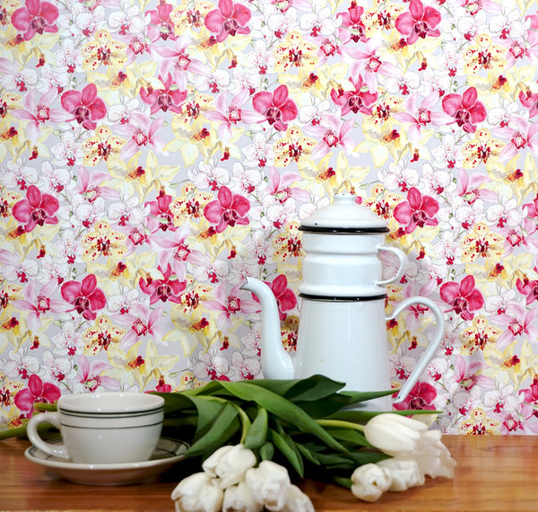 Orchid Romance Small Scale Wallpaper - Mint/Peach