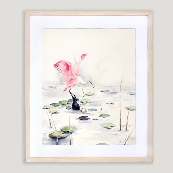 Roseate Spoonbill Fishing - Watercolor Original