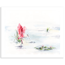 Roseate Spoonbill with Water Lilies - Fine Art Print